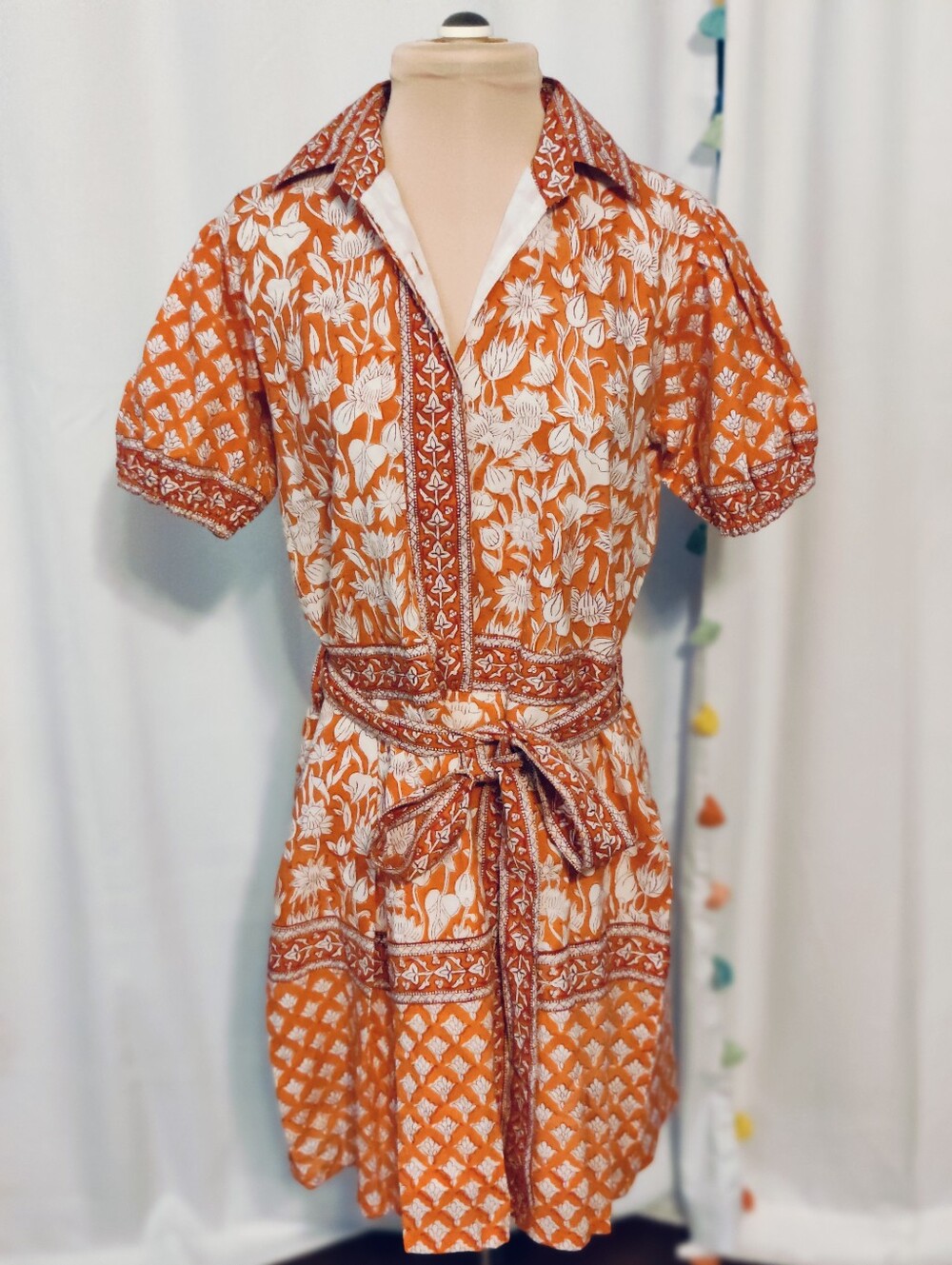 Adorable Maya's Mahal Orange Color Block Print Indian Cotton Mini Dress